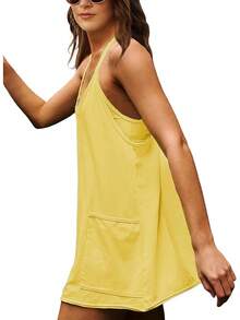 Women's Summer Sleeveless Mini Dress With Built-In Shorts - Lightyellow - View 9