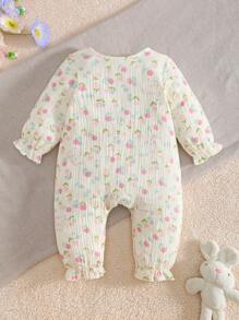 MommBaby Pelele de manga larga con estampado de flores coloridas y conejos de dibujos animados para bebés niñas, transpirable para todas las estaciones