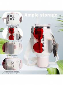 Uchwyt na butelkę kompatybilny z kubkiem 40 Oz z uchwytem, z regulowanym paskiem, wykonany z neoprenu chroniącego butelkę, z przegródkami do przechowywania na codzienne potrzeby - Biały - Zobacz 2