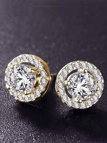 1 Pair Luxury Classic Round Micropave White Cubic Zirconia Stud Earrings, Women's Chic Jewelry