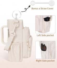 Water Bottle Carrier Bag With Phone Pocket For 30oz 40oz Tumbler With Handle Accessories Insulated Water Bottle Holder Pouch With Strap Water Bottle Sling Bag Crossbody With Straw Cover - 米色 - 查看 6