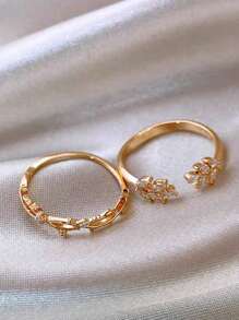 Set de 2 anillos de mujer con diseño de hoja y piedras de circonita de cobre, versátil para uso diario, citas, fiestas, estilo clásico francés