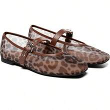 Rihero Zapatos Elegantes De Mujer Mary Jane Flats Breathable Mesh Square Toe Adjustable Buckle Strap Ballet Shoes Cushioned Insole All Day Comfort - 豹 - 查看 2