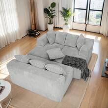 "133" Boneless Couch Sofa Set - U-Shaped 4-Piece Corduroy Couch With Chaise Lounge (Gray) - No Assembly Required, 8 Throw Pillows Included - Oversized Living Room Seating - Grey - View 7