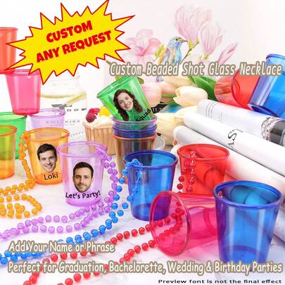 Reusable Custom Shot Glass Necklace – Clear Mini Party Cup, Personalized Beaded Shot Cup, Custom Text Shot Cup, Easy To Clean Shot Necklace, Non-Disposable Shot Glass, Graduation Party Favor, Wedding Shot Cup Gift, Bachelorette Party Cup, Birthday Favor Necklace Easy-To-Clean Graduation Favor, Colorful Party Accessory For Bachelorette, Wedding, Or Birthday ,Forever Love