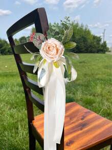 5/2/1pc Artificial Flowers Champagne Rose Green Leaves Ribbon Wedding Decor Table Centerpiece Chair Back Flower Aisle Decoration Photo Props