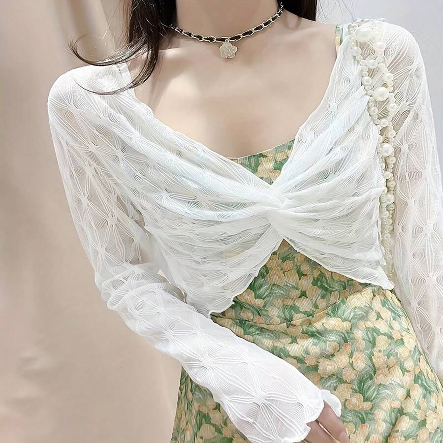 Women's Summer Short Mesh Shawl Wrap Top Luxury Blouses Ultra Light Lace Shawls For Women - Black Floral Design, Open Front, Tie Back Detail, Perfect For Summer Outfits, Versatile Cardigans Perfect For Dresses And Tops, Elegant Cover Up - 白色 - 查看 1