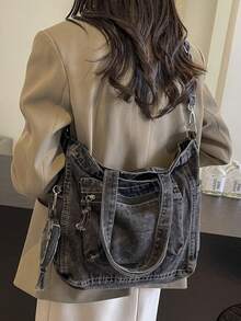 תיק אופנה חדש וקז'ואל מבד ג'ינס רך מכוסה עם כיסים מרובים (עם ארנק למטבעות), תיק נסיעות גדול בצבע אחיד, תיק מזוודות, תיק כתף רב-תכליתי לנסיעות, תיק ספורט לחדר כושר, תיק שליח רטרו לסטודנטים, מתאים לעבודה, קניות, נסיעות, ספורט ושימוש בית ספר - שחור - ראה 8