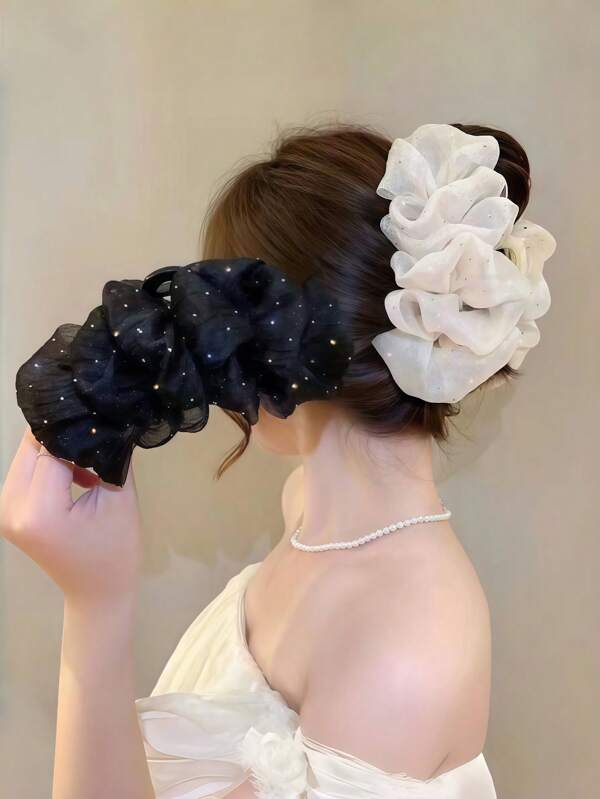 1 Stück eleganter, luxuriöser Modehaarclip/Haarspange für Frauen, glänzendes Mesh-Rüschendesign mit Diamantdekoration für Dutt, Winterhaaraccessoires, elegante Haarklammer