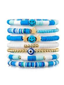 7pcs/Set Bohemian Style Blue Beads, Hearts & Smiling Face Polymer Clay Bracelets, Suitable For Girls Daily Wear, Back To School