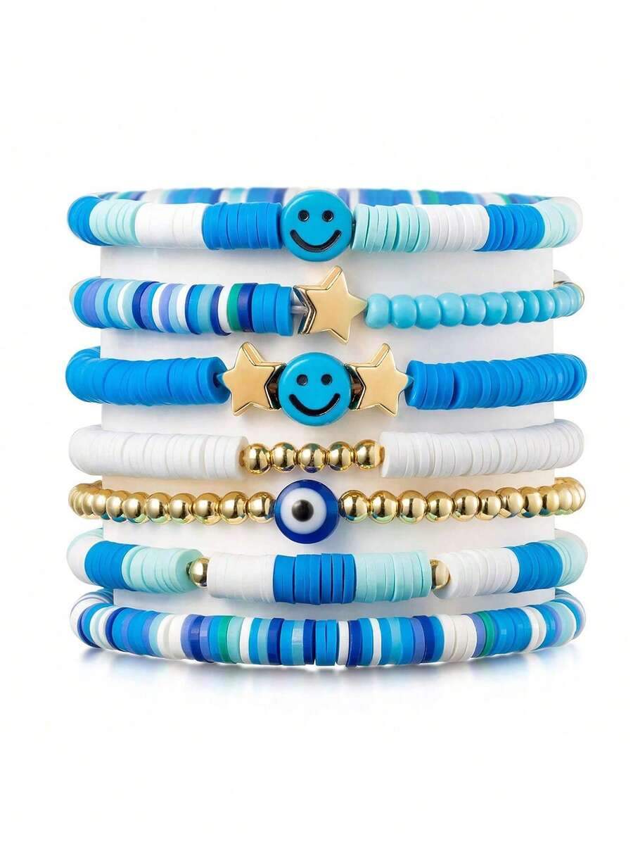 7pcs/Set Bohemian Style Blue Beads, Hearts & Smiling Face Polymer Clay Bracelets, Suitable For Girls Daily Wear, Back To School