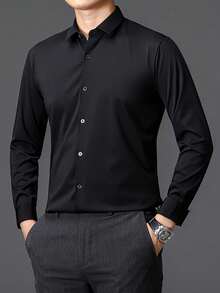 Men's Solid Color Lapel Collar Dress Shirts, Casual Long Sleeve Button Down Shirt For Formal Occasions - 查看 7