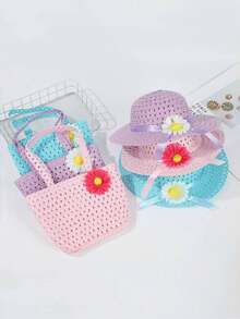 2件套女童多巴胺透气沙滩帽和包包套装，可爱向日葵图案夏季户外遮阳帽 - 2PC - 查看 18