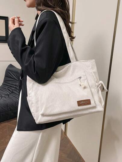 قطعة جراب كتف من الكوردوروي ذي الألوان موحد اللون مع رقعة حرف وجيوب متعددة، حقيبة تسوق كبيرة السعة ، هدية عيد الأم، حقيبة قابلة للطي للمدرسة والعمل والسفر، للطالبات المبتدئات والمراهقات