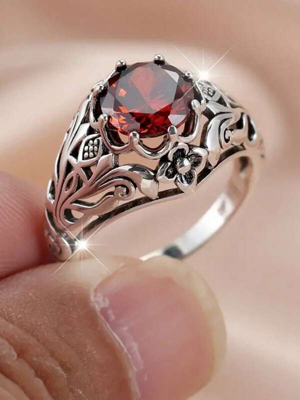 1pc Women's Creative Vintage Copper Alloy Ring With Red Zirconia & Topaz Stone, Suitable For Dating & Engagement
