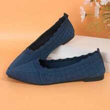 Zapatos individuales con cabeza puntiaguda y boca poco profunda, las mujeres vuelan para tejer zapatos planos y suelas suaves y pedalear zapatos de frijol - Azul Marino - Ver 4
