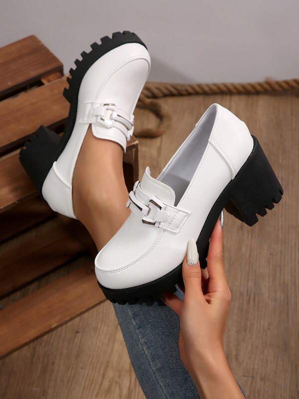 Women's Thick Sole Wedge Heel Slip-On Loafers With Metal Chain Decor, Casual College Style Flat Round Toe Chunky Heel Platform Shoes