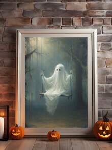 1 件秋千帆布海报 - 可怕的万圣节墙壁艺术与可爱的幽灵，带框卡通风格装饰，适合客厅、卧室或家庭办公室，室内使用，非常适合儿童房或浴室，万圣节装饰