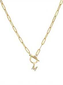 1pc Custom Gold Letter Necklace, Toggle Clasp Design, Sparkling Rhinestone Studded Initial Pendant, Unique Personalized Jewelry To Elevate Your Look, Perfect For Layering