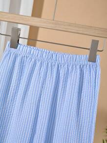 2pcs Girls Fashion Striped Ruffle Blouse + Casual Wide Leg Pants Outfit Set