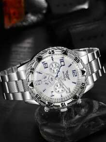 Set de 2 relojes de inoxidable plateado con correa, de estilo empresarial y de temple, de cuarzo, adecuados para decoración de fiestas, ocio y viajes