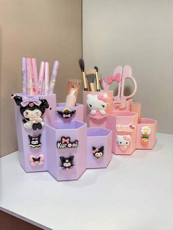 Sanrio Portaplumas de papelería de dibujos animados lindos con 4 compartimentos, portapliegos grande de almacenamiento, Kuromi Katie Cat, cubo de almacenaje de brochas de maquillaje Melody, bolígrafo, cajón de escritorio, accesorio de guardado de sobremesa (patrones de autopegado), regalos de vuelta a la escuela