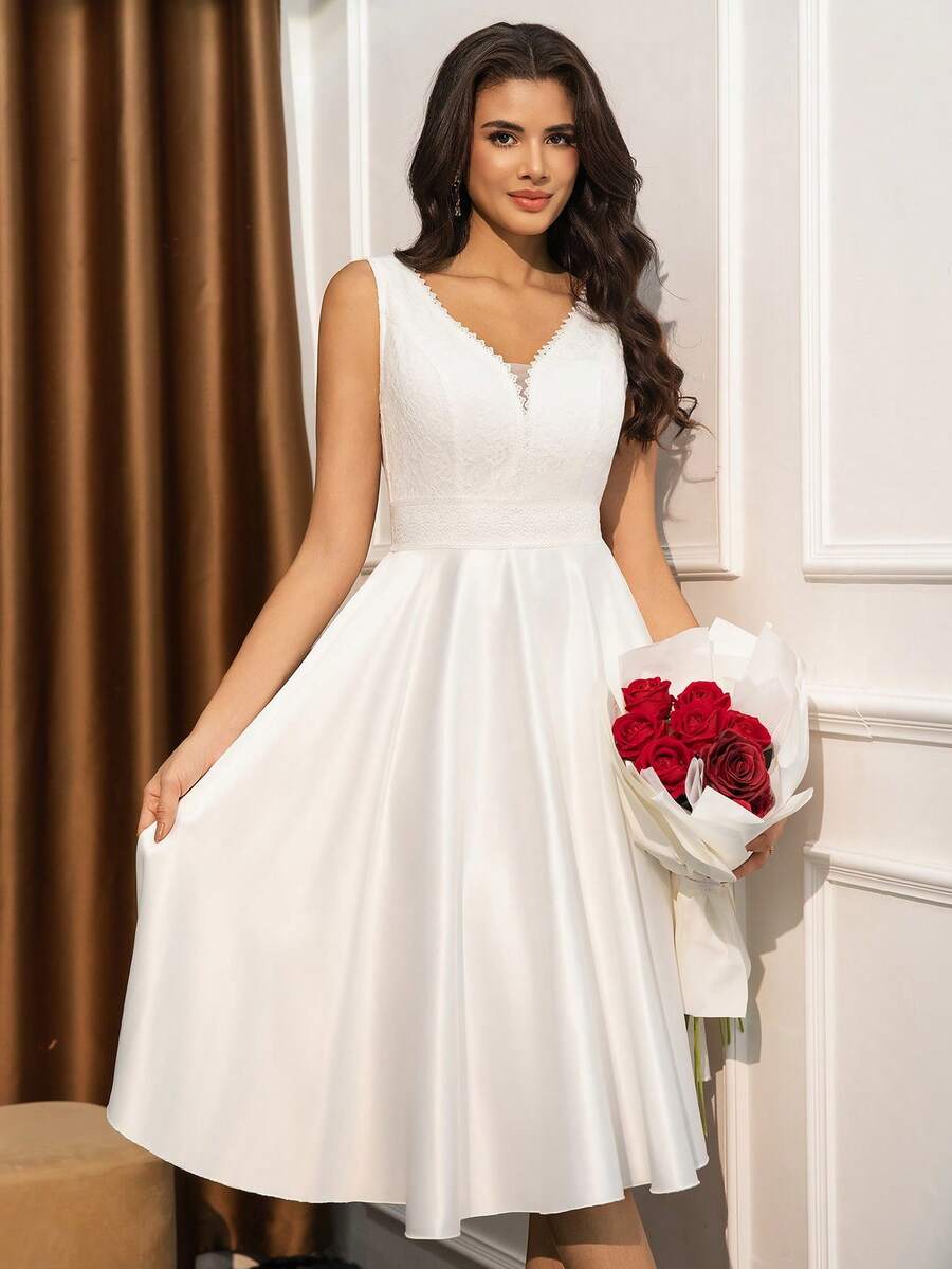 女士新娘礼物派对礼服，蕾丝无袖V领拼接缎面中长款优雅晚礼服，情人节 - 白色 - 查看 1