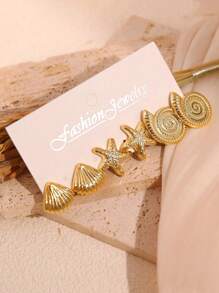 3 Pairs Elegant Women's CCB Starfish And Seashell Stud Earrings