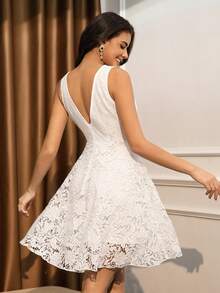 Elisanya Váy dự tiệc quà tặng cô dâu cho nữ, váy ngắn cổ chữ V không tay bằng vải ren thêu, phù hợp làm váy dự tiệc - trắng - Xem 2