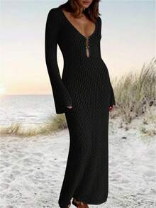 Womens Crochet Maxi Cover Up Dress Long Sleeve Bodycon Summer Swimwear Beach Knit Dresses - 黑色 - 查看 2