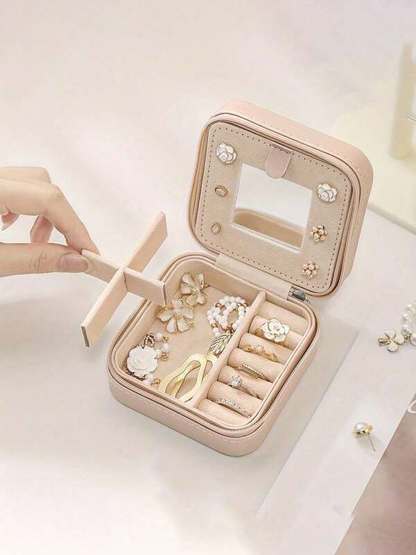 Travel Jewelry Storage Box, Women Gift, Mini Jewelry Organizer, Necklace & Earrings Holder With Mirror, Pink Travel Essential,Women's Day Gift,For Holiday Beach, Bathroom Collection, Bedroom Collection, Father Day Gift
