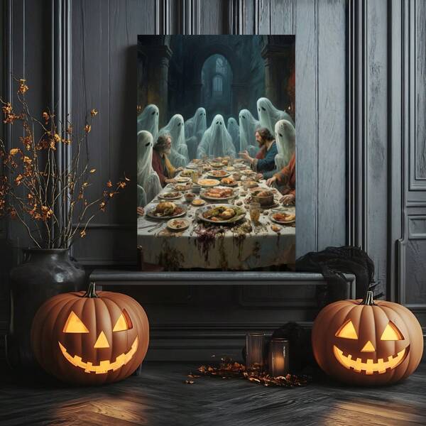 1 Piece,Ghosts At The Table Of The Last Supper , Halloween Modern Frameless Art Decoration Painting, Printed Posters Mural, Waterproof Canvas,Suitable For Home, Office, Bedroom, Living Room, Study, Bathroom, Bar, Wall Arts And Home Decoration, Is An Ideal Holiday Gift