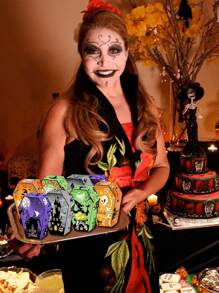 12 piezas Cajas de dulces de Halloween, cajas de papel con forma de ataúd con diseños de calavera, murciélago y fantasma para decoración y regalos de la fiesta de Halloween