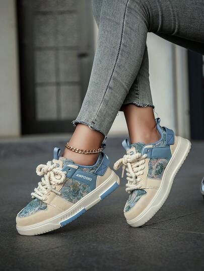 Damesmode Colorblock Casual Sneakers, Lichtgewicht Veterschoenen van Canvas voor Dagelijks, Campus en Buiten, Koppelsstijl