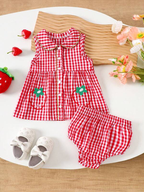 Top a cuadros rojos con cuello redondo y bordado de fresa + pantalones cortos a Cuadros rojos para niñas pequeñas, serie elegante y linda, mejor regalo para bebé en verano