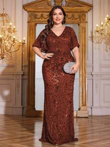 hezixi High Quality Stretch Elegant Sparkling Sequin Splice Bodycon Plus Size V-Neck Dress, For Evening Date, Wedding, Birthday Party, Anniversary, Cocktail, Formal Gala, Wedding Guest, Bachelorette Party, Holiday, Summer/Fall - Rust Brown - View 6