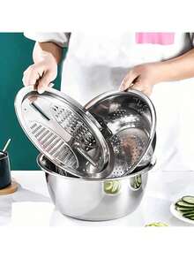 3 Pieces Stainless Steel Kitchen Prep Set: Integrated Grater, Multifunctional Strainer, And Mixing Bowl With Drainage System For Washing, Slicing Fruits, Vegetables, And Cheese Christmas Stocking Fillers,Gifts,Funny Gifts,Ramadan,Personalised Gift, - Multicolor - View 4
