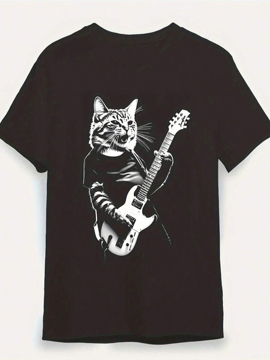Guitarist Cat T-Shirt Cute Meme Rock Shirt Blouse Unisex Male Female 100% Cotton Top Premium Street Wear New Release Immediate Shipping Various Colors!! Plus Size - 黑色 - 查看 1