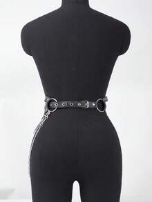 女士黑色性感 PU 皮革紧身胸衣腰带，带链条装饰，哥特式时尚配饰，适合狂欢 - 黑色 - 查看 12