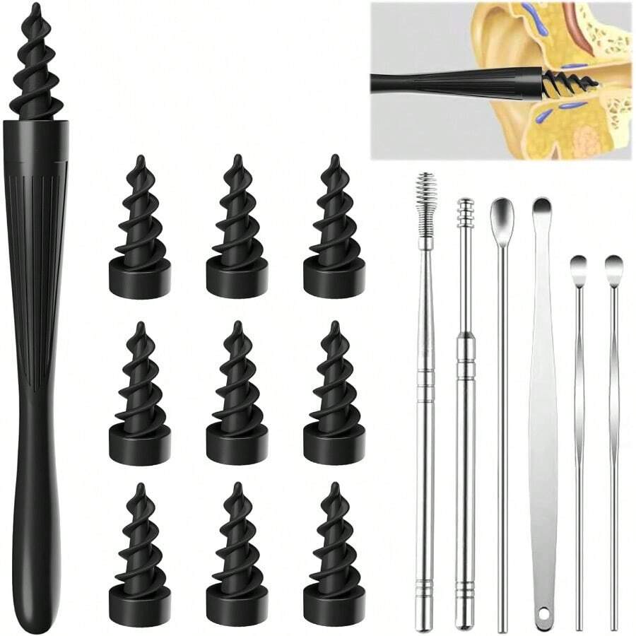 Herramienta para eliminar el cerumen con puntas de silicona suave, reutilizable y lavable, en un color negro intenso, ideal para uso doméstico que presenta 3 tipos de herramientas en un kit compacto