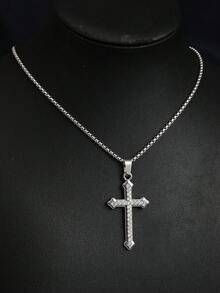 1pc Fashionable Minimalist Personalized Rhinestone Stainless Steel Cross Necklace, Wholesale Cross-Border High-End Long Black Sweater Chain, Fully Rhinestone Cross Pendant Necklace, European And American Hip Hop Charms Pendant, Household Holiday Birthday Gift For Men Daily Wear - New Diamond Cross Necklace - View 8