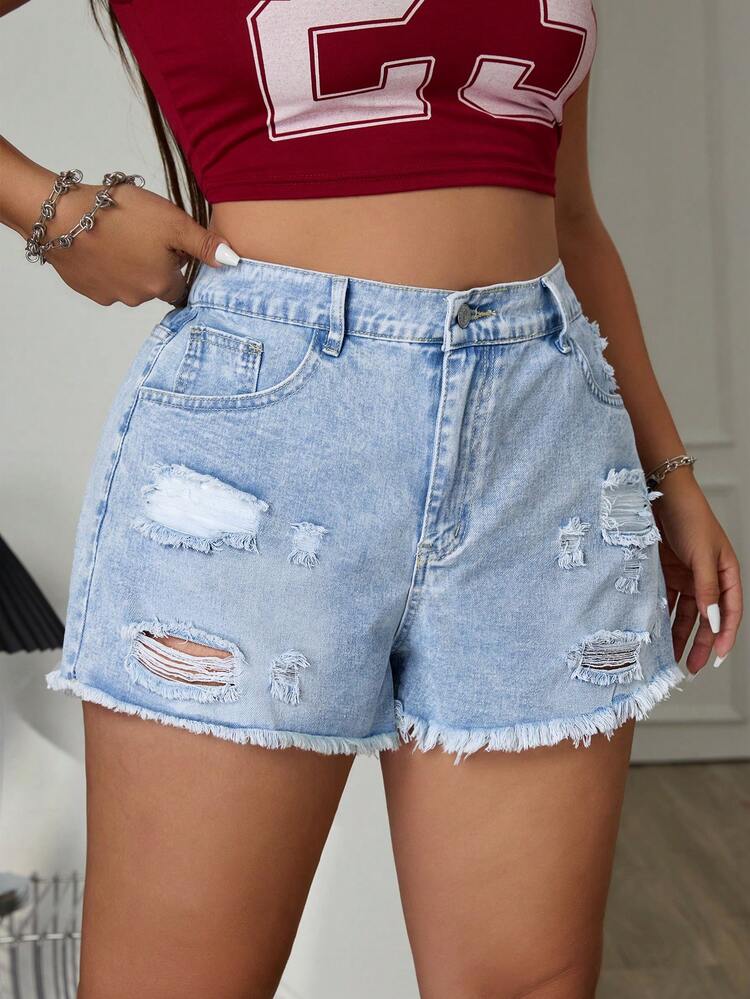 Jeanoix 大码夏季休闲磨破水洗牛仔短裤 - 淺色水洗藍 - 查看 5