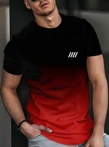Men's Casual Black & Grey Ombre Short Sleeve T-Shirt With Minimalist 4-Stripe Print, Breathable