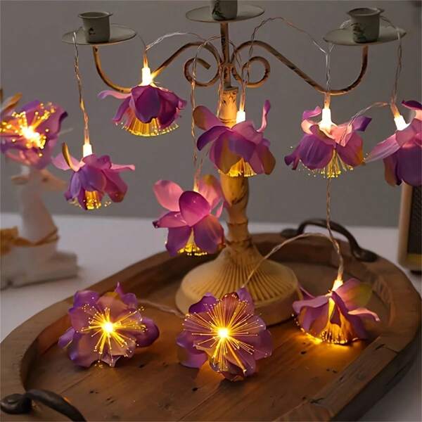 1pc LED Fiber Optic Jasmine Flower Fairy String Lights, Suitable For Wedding, Holiday, Party, Home Decor Lighting, Battery Powered (Batteries Not Included), 1.5m 10 Lights