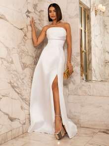 LONG WEDDING PARTY DRESS FOR GODMOTHER, STRAP-FIT, SATIN WITH SEQUINS - WHITE - View 1