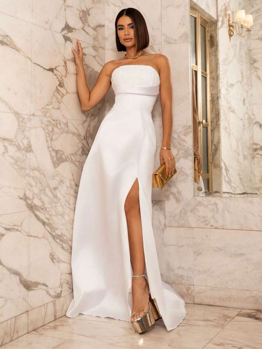 LONG WEDDING PARTY DRESS FOR GODMOTHER, STRAP-FIT, SATIN WITH SEQUINS - WHITE - View 1