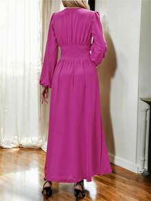 Maxi Vestido Elegante de Manga Larga y Escote en V Profundo con Abertura Lateral Alta en Pierna para Mujer - Rosa Fucsia - Ver 4