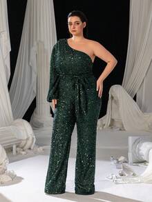 单肩亮片连体裤，灯笼袖设计，配有可调节腰带和阔腿裤 | 奢华魅力正式设计 | 完美适用于婚礼、晚宴、派对招待会和高端庆典 | 圣诞节配套服装