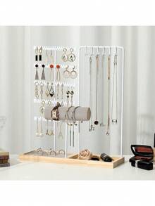 1pc Dual-Door Detachable Jewelry Display Stand, Wooden Base Holder For Earrings, Necklaces, Pendants, Tabletop Organizer, Ideal For Gift Or Business Use Valentine Day Back To School,Holiday Essentials,Jewellery,Storage,Bedroom - Log Base + Single Rod Double Door - View 4