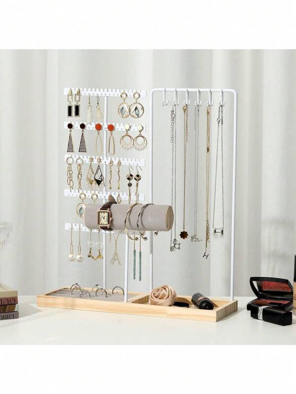 1 pezzo Supporto per gioielli con porte doppie staccabili, base in legno per orecchini, collane, pendenti, organizer da tavolo, ideale come regalo o per uso aziendale, ideale per San Valentino, ritorno a scuola, articoli essenziali per le vacanze, gioielli, stoccaggio, camera da letto